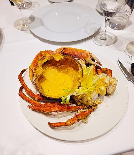 A cracked spider crab at a fancy restaurant in San Sebastian, Spain.