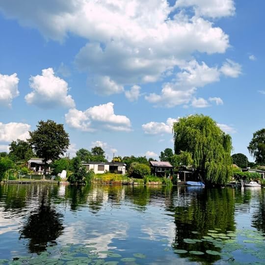 Das Ufer der Bille an der Billerhuder Insel, Weiden und Lauben, einige Wolken, Seerosen im Wasser