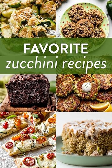 collage of zucchini recipes including zucchini casserole, oatmeal cookies, chocolate zucchini bread, fritters, flatbread with tomatoes, and crumb cake.