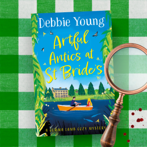 photo of paperback of Artful Antics at St Bride's on green gingham tablecloth with magnifying glass and spots of blood