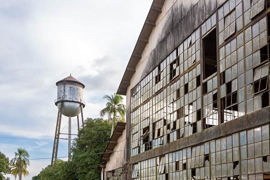 Abandoned building with broken windows and the historic water tank tower of Fordlandia.