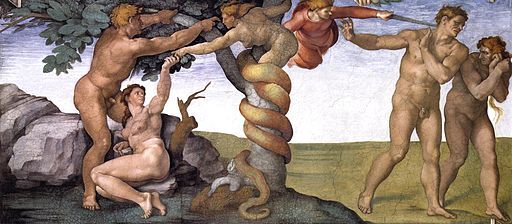 Michelangelo's Sistine Chapel painting of Adam and Eve sent from Garden of Eden because of transgression
