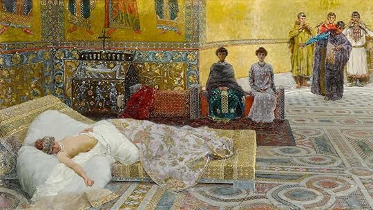 Teodora, painted by Giuseppe de Sanctis. A spacious room, comfortable bed, and attendants guarding her. A far cry from her previous life when she had to live as a mime actress and courtesan. And also when she had to make a rough journey home through the Near East and Anatolia after Hecebolus cast her out.