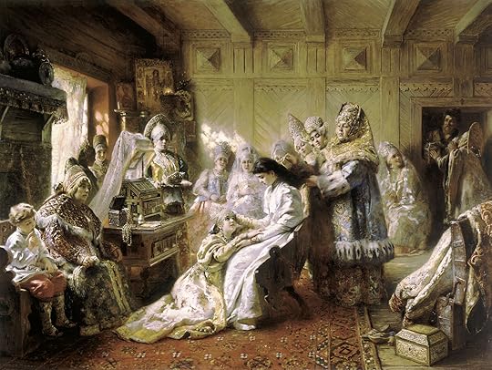 Preparation for the wedding in the Terem by Konstantin Yegorovich Makovsky. Terem is a separate living quarters occupied by noblewomen in Muscovy and Russian Empire (before Peter the Great reforms). Only the noblewomen able to live in seclusion as the majority of peasant women still worked outdoor and can freely walk outside.