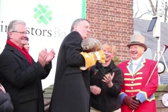 Bill de Blasio with a groundhog on Staten Island which died shortly after
