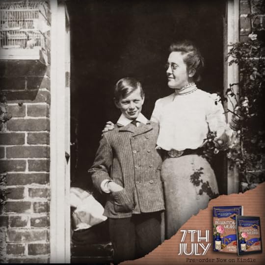 A photograph of an Edwardian mother and don standing together in a doorway, and the book cover for The Phantom Murder by Saffron Amatti in the bottom right corner, along with the release date of 7th July