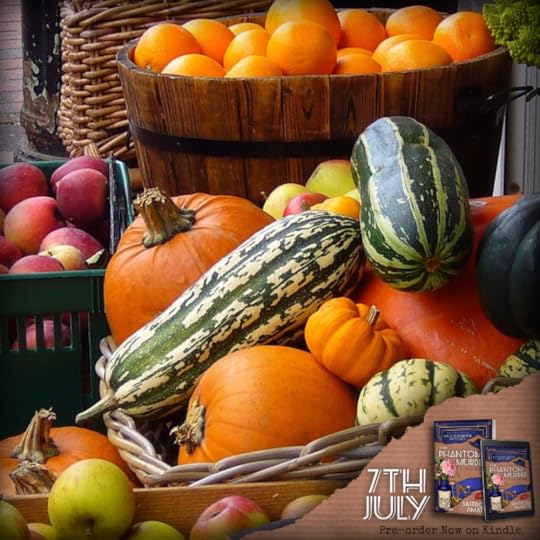 A selection of fruit and vegetables at a greengrocer's shop, with the book cover for The Phantom Murder by Saffron Amatti in the bottom right corner, along with the release date of 7th July