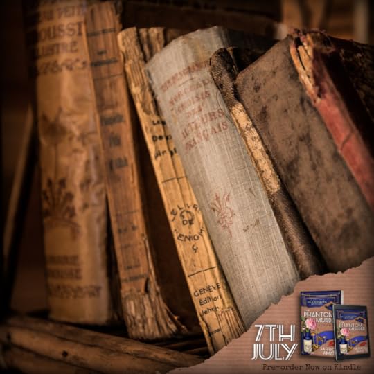 A bookshelf filled with old books, and the book cover for The Phantom Murder by Saffron Amatti in the bottom right corner, along with the release date of 7th July