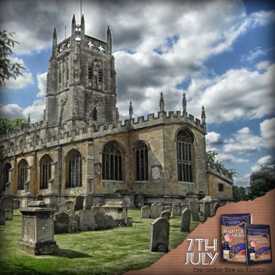 An Engligh church built of stone, with the book cover for The Phantom Murder by Saffron Amatti in the bottom right corner, along with the release date of 7th July