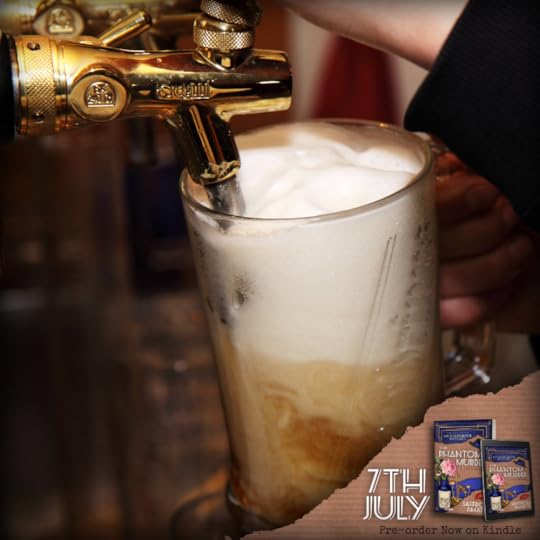 Image shows someone pulling a pint of beer, with the book cover for The Phantom Murder in the bottom right corner, along with the release date of 7th July 