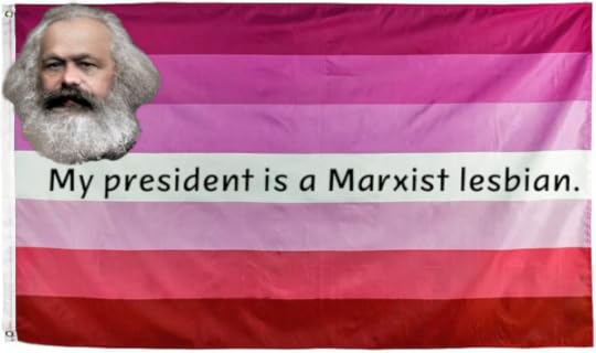 A lesbian pride flag with a little picture of Marx in the upper corner and the caption 