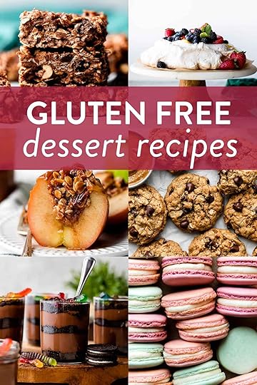 collage of gluten free dessert recipes including pavlova, chocolate oat bars, baked apple, peanut butter cookies, chocolate dirt pudding, and french macarons.