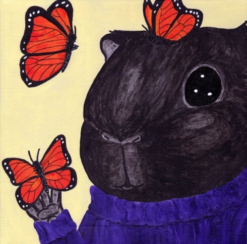 Rachel E Smith guinea pig painting Murderface with monarchs