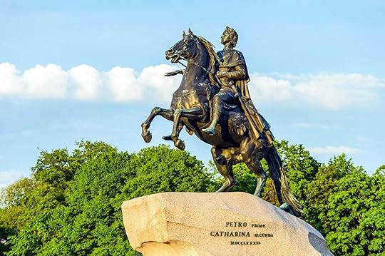 The Bronze Horseman statue (An equestrian statue of Peter the Great) commissioned by Catherine the Great and sculpted by Étienne Maurice Falconet. The inscription (both Latin and Russian) imbibed on the stone is “Catherine the Second to Peter the First, 1782”.