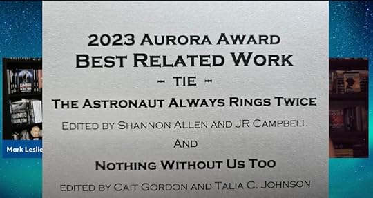 A screen grab from the YouTube that shows the Best Related Work winners card with our names and book titles