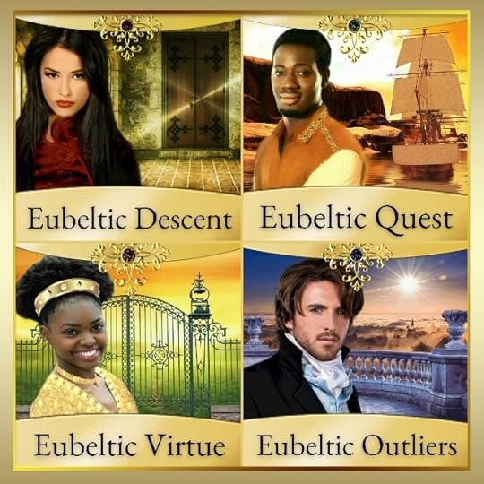 Square collage showing the two heroines and two heroes from the four Eubeltic Realm books