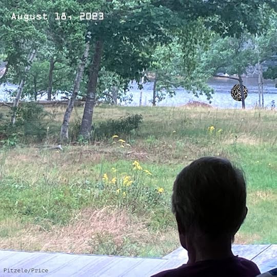 A woman looks out at the visitor who has arrived behind the trees, just hovering over the water.