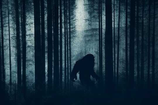 mysterious bigfoot figure, walking through a forest.