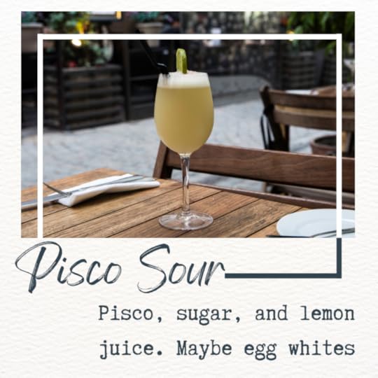 photo of a glass of pisco sour, with some basic ingredients list: pisco, sugar, lemon juice, and maybe egg whites