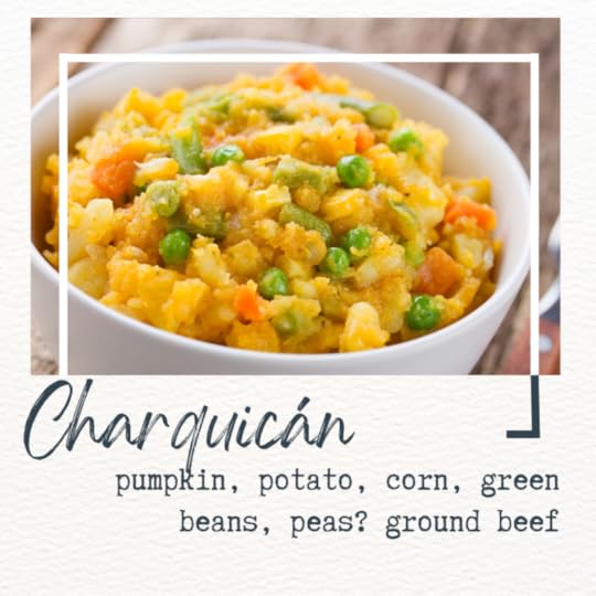 picture of charquicán + basic ingredients: pumpkin, potato, corn, green beans, ground beef