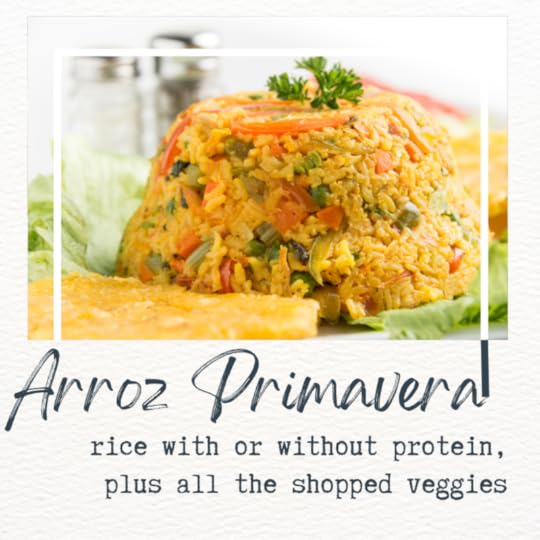 piture of arroz primavera + basic ingredients: rice, chopped veggies, and potentially a protein.