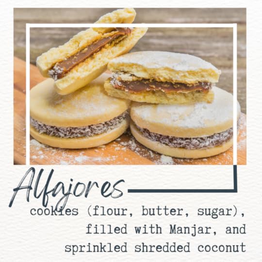 picture of alfajores + basic ingredients: cookies (flour, butter, sugar), filled with manjar, and sprinkled with shredded coconut. 
