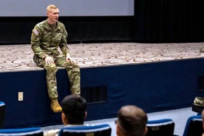 Capt. Anthony Priest, behavior health officer with 1st Signal Brigade, speaks with Company B, 304th Expeditionary Signal Battalion-Enhanced, in South Korea in 2022, about suicide. Photo courtesy of the U.S. Army. 