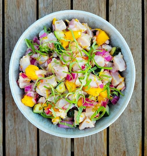 A bowl of mahi mahi ceviche.