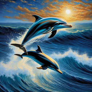 Delfines saltando en un atardecer