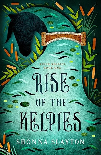 Book cover of The Rise of the Kelpies, showing a horse's head, a bridge and a river.