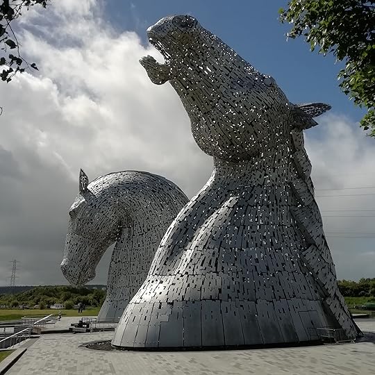 Huge metal sculputres of two horses' heads in Scotland.