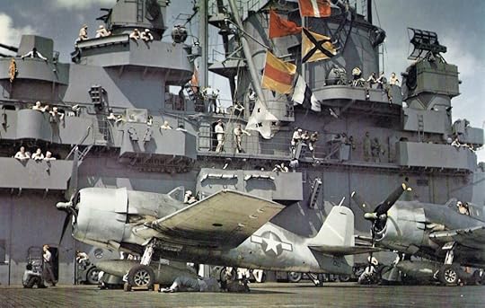 US Navy pilot Lt. Cdr. James Flatley's F6F Hellcat fighter on the USS Yorktown before raid on Marcus Island, 31 Aug 1943 (US Navy photo: 80-G-K-16166)