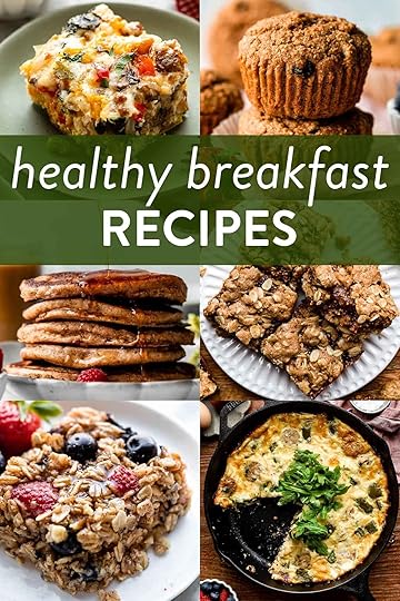 collage of breakfast recipe images including baked oatmeal, breakfast egg casserole, bran muffins, and chicken sausage frittata.
