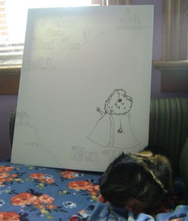 Rachel E Smith guinea pig and painting Hen Wen