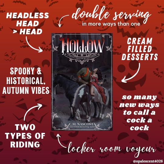 Clockwise, text in white reads: double serving in more ways than one; cream filled desserts; so many new ways to call a cock a cock; locker room voyeur; two types of riding; spooky & historical, autumn vibes; headless head > head. Cover of Hollow by USA Today Bestselling Author C.M. Nascosta, is in the center of the page. Background is a a light to dark red gradient with overlay of different types of jack-o’-lantern faces. Graphic made by @/opalescent4026.