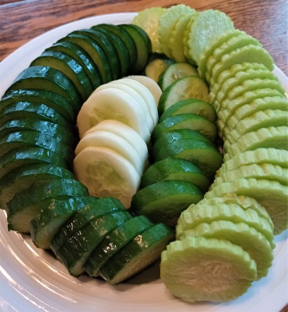 Cucumber slices of different varieties of cucumber! Marketmore, Armernian, Dragon's Egg, Mini Muncher cucumbers