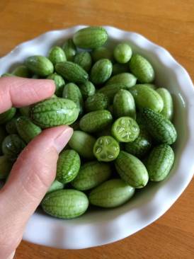 Bowl of cucamelons with on cut open