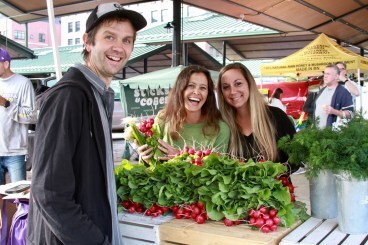 Michelle Bruhn and Stephanie Thurow with Jesse the Farmer at Edgie's Veggies