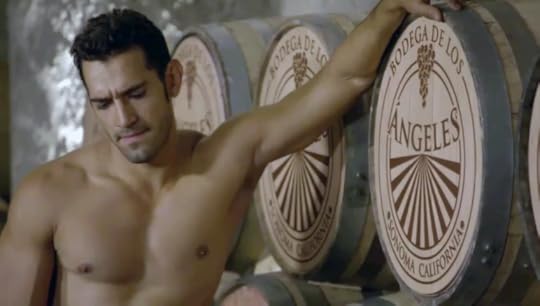 hot shirtless guy leaning against wine casket