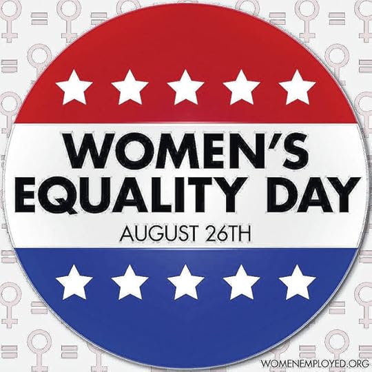 A women's equality day button with a red, white and blue background.