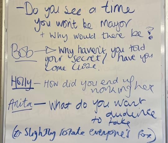 Flip chart from theatre R&D workshop day. Includes the words 'slightly rotate everyone's fox'.