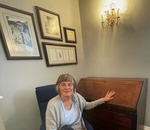 Michelle at Oswald Chambers' desk at God's Bible school