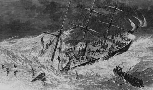 A woodcut illustration showing a ship going under in heavy seas, with one lifeboat rowing away.