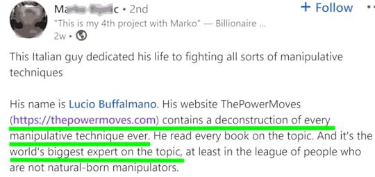 Linkedin message of public recognition for The Power Moves world expertise on the topic of manipulation
