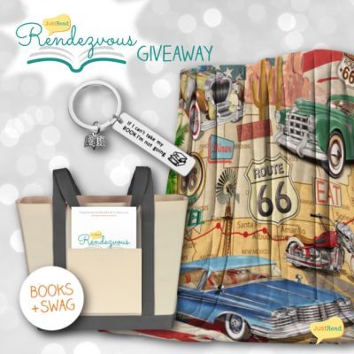 JustRead Rendezvous Takeover Blitz Giveaway prize including keychain, Route 66 throw, books, swag, event booklet and tote bag