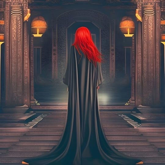 Conseca, a flame-haired priestess entering the Temple of Vengeance where she serves her goddess, the Raven Queen
