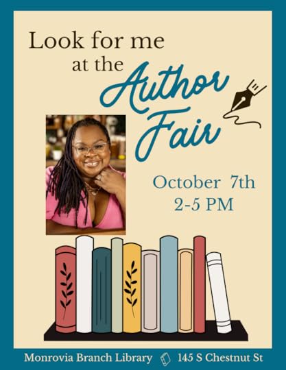 A large flyer detailing the date and time of the Author Fair at the Monrovia Public library. On the left is a picture of the author Lisette Blythe
