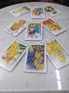 Tarot cards laid out on a marble table