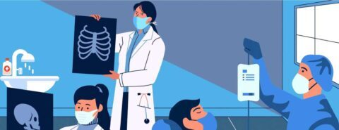 Illustration in blues and greys of doctors looking at x-rays and examining patients