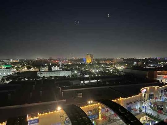 A view of the DISNEYLAND Resort from a nearby hotel